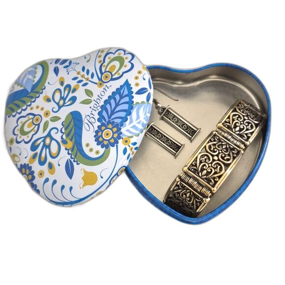 Vintage Brighton Heart Wide Link Bracelet Filigree Earrings Heart Trinket Box - Picture 1 of 13